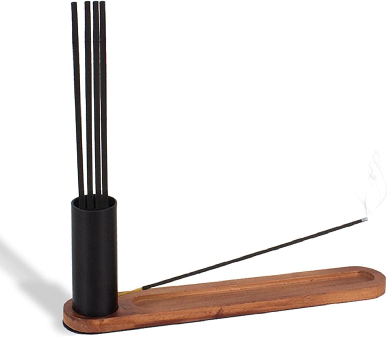 Geguton - Porta Incenso Namastê - Aço e Madeira com Suporte para Estoque - Estilo e Praticidade - Preto Fosco e Madeira Pinus