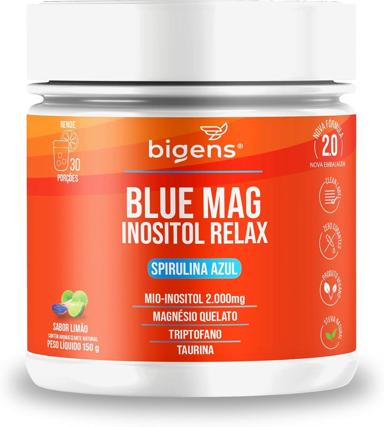 Blue Mag Inositol Relax, Spirulina Azul, Sabor Limão, Bigens (150 g)