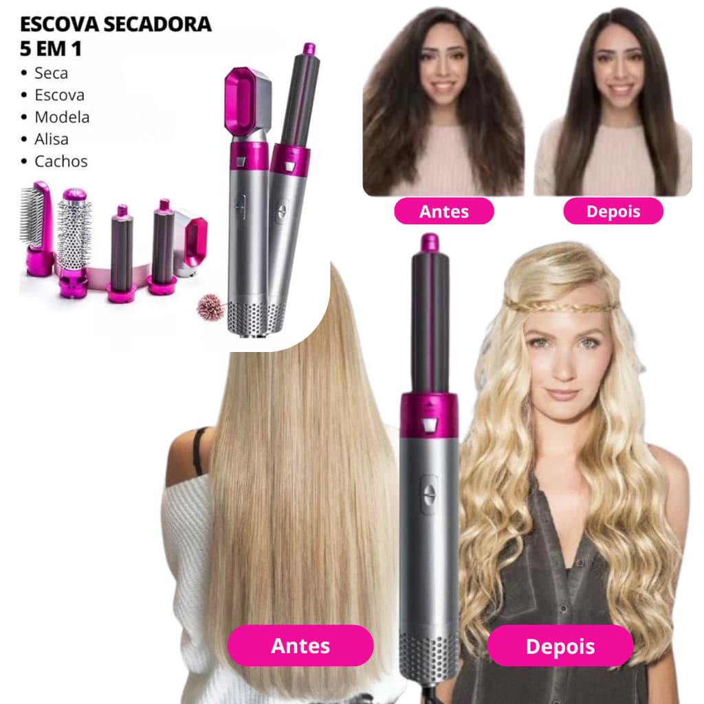 BRANCO/DOURADO - Escova Secador de Cabelo 5 em 1 Multifuncional